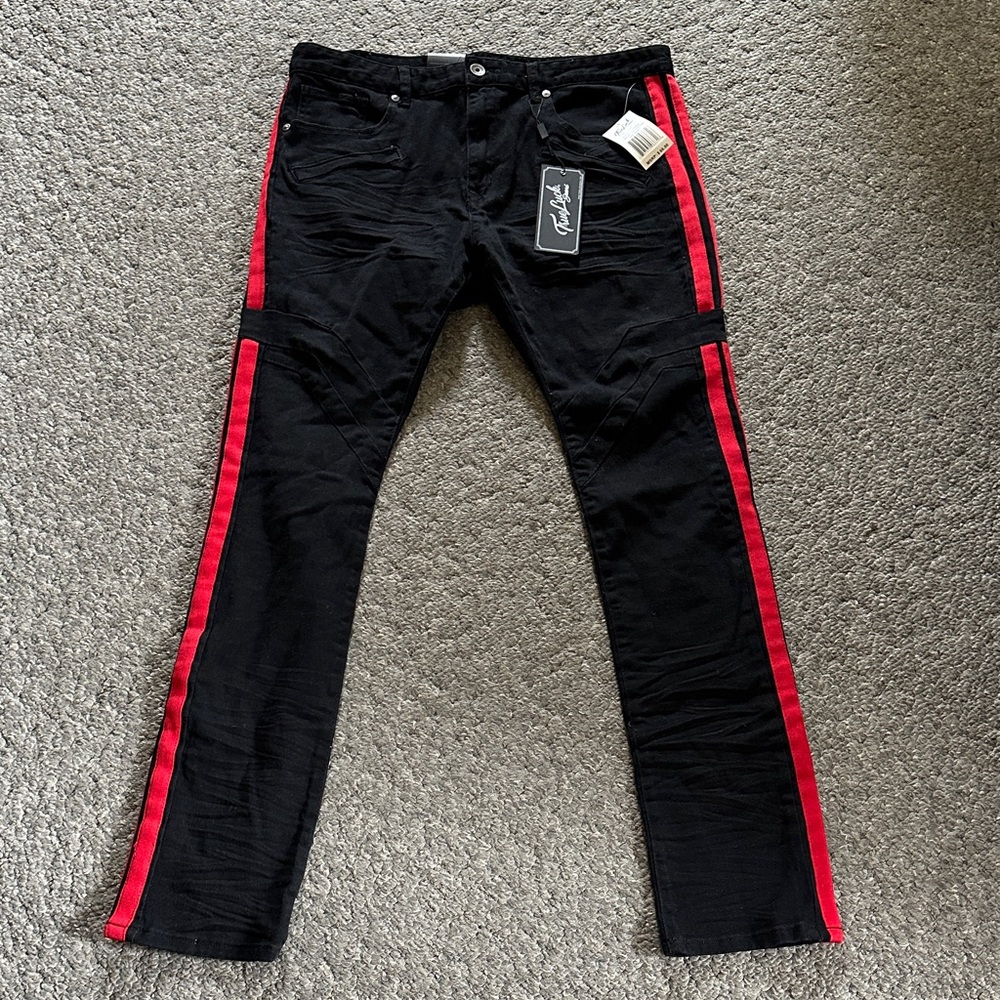 NWT True Luck Jeans Black Moto Style Jeans With Red Track Stripe